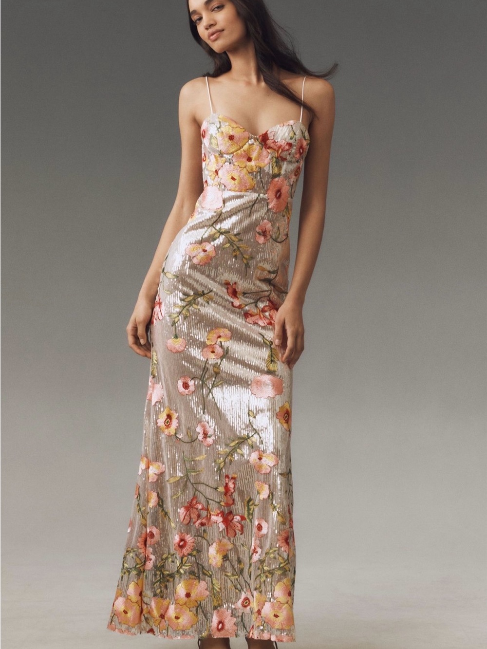 Mac Duggal Blush Sequin Floral Maxi Dress